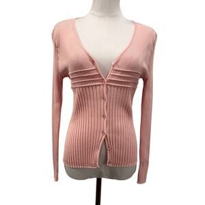 Y2K Baby Pink Ribbed Cardigan Sweater Button Front Stretch Large Ballet Fitted